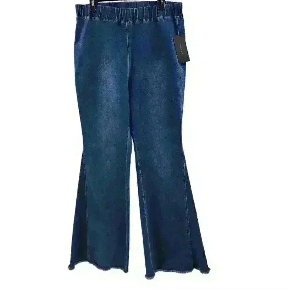 American Bazi Fringe Hem Pull On Dark Wash Plus Size Flare Bell Bottom 1X Jeans.